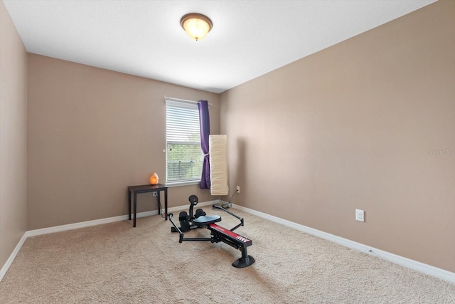 workout room featuring light colored carpet