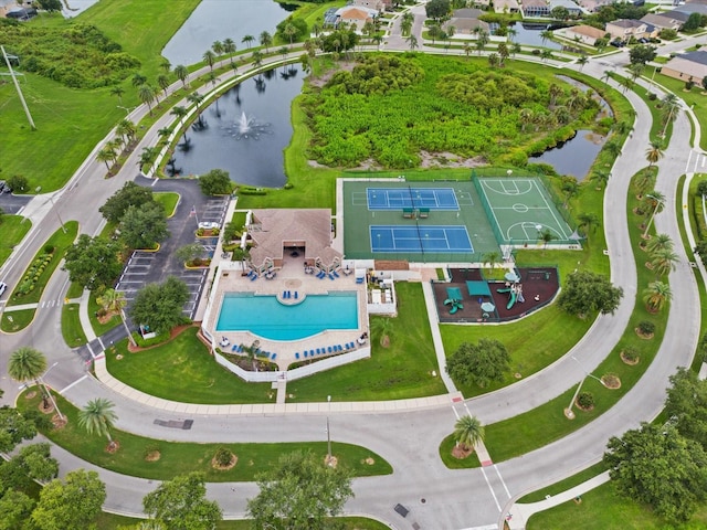 drone / aerial view featuring a water view