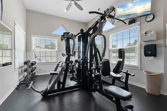 workout room featuring ceiling fan