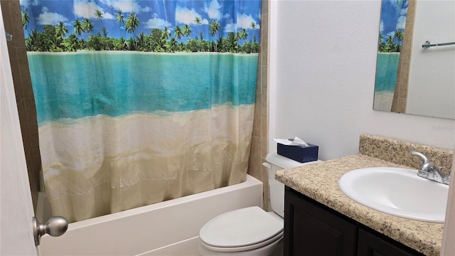 bathroom featuring toilet, shower / bath combination with curtain, and vanity