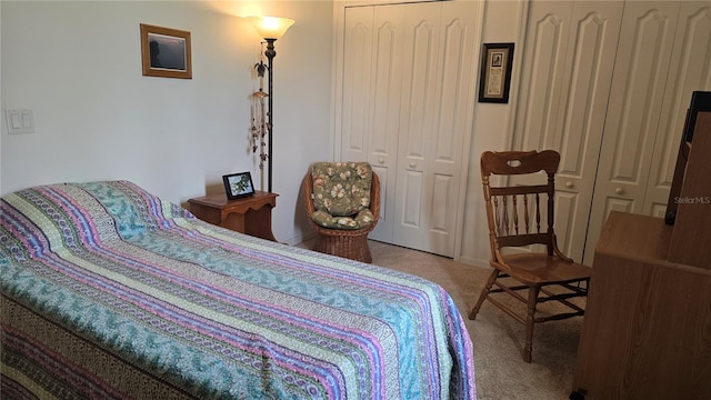 bedroom with a closet and light colored carpet