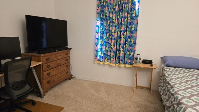 bedroom with light colored carpet