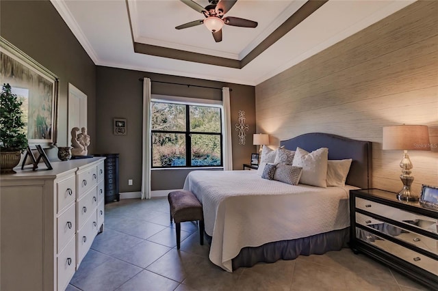 bedroom with tile patterned floors, ceiling fan, and wooden walls