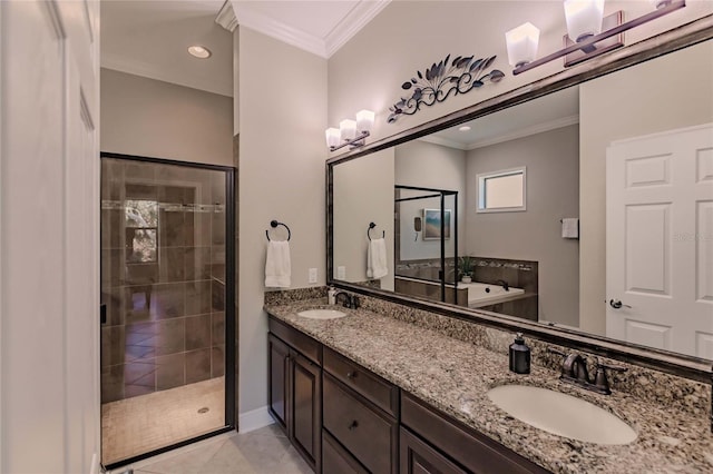 bathroom featuring tile patterned floors, vanity, crown molding, and independent shower and bath