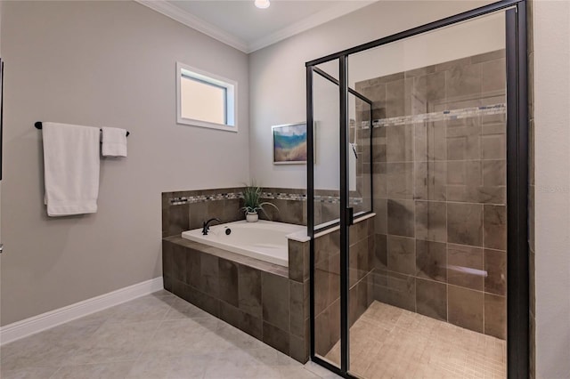 bathroom featuring separate shower and tub, tile patterned floors, and ornamental molding