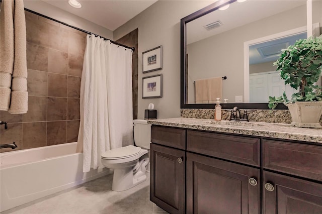 full bathroom featuring vanity, toilet, and shower / bathtub combination with curtain