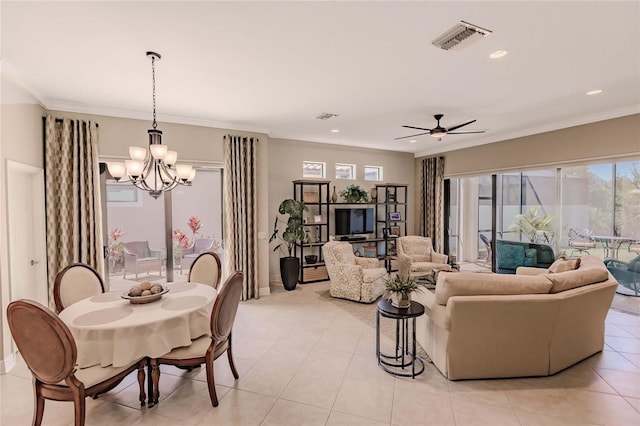 living room with ceiling fan with notable chandelier, light tile patterned floors, and crown molding