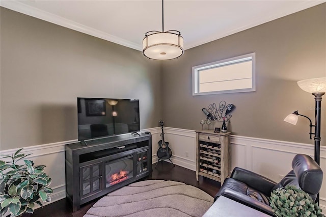 living room featuring ornamental molding and dark wood-type flooring