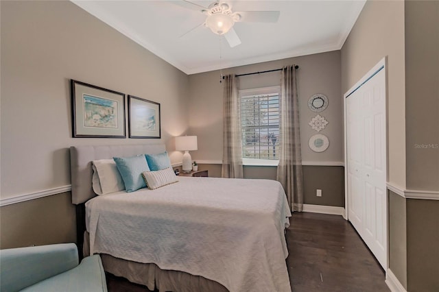 bedroom with ceiling fan, a closet, dark wood-type flooring, and ornamental molding