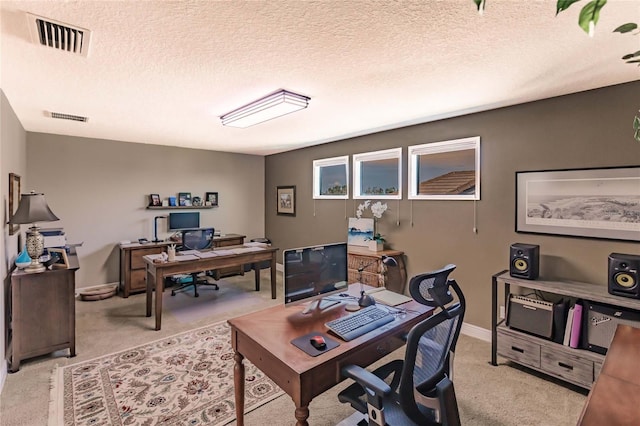 office space featuring a textured ceiling and light colored carpet