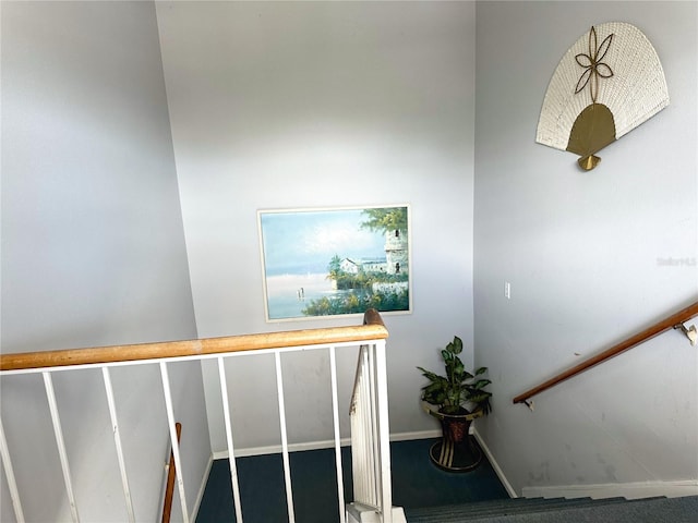 staircase featuring carpet flooring