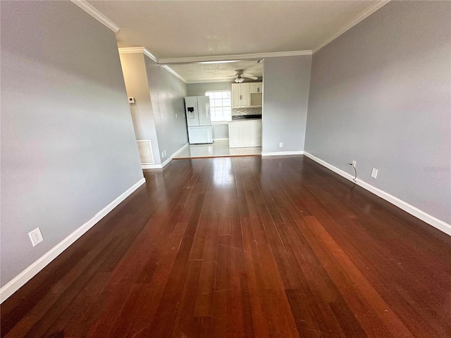 unfurnished living room with ceiling fan, wood-type flooring, and crown molding