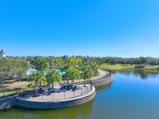 exterior space with a water view