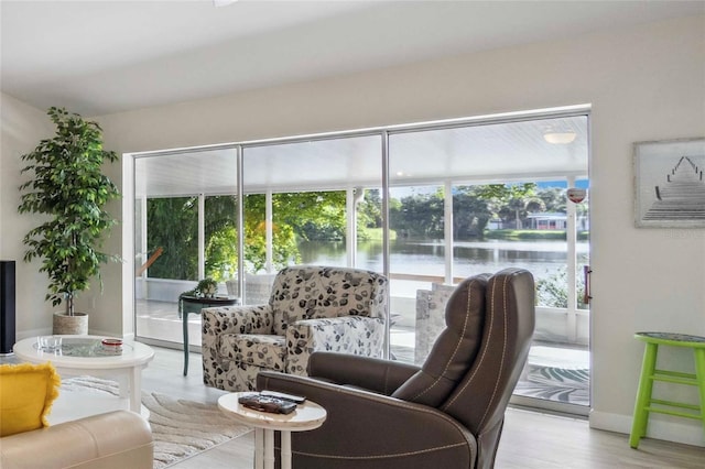 living room featuring a water view and light hardwood / wood-style floors