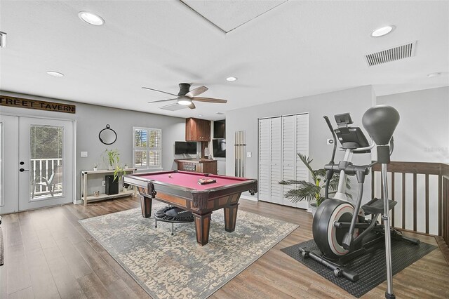 game room featuring wood-type flooring, french doors, ceiling fan, and pool table