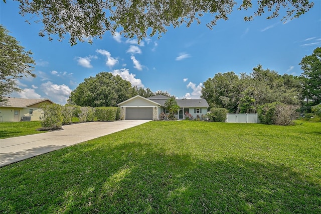 single story home with a garage and a front lawn