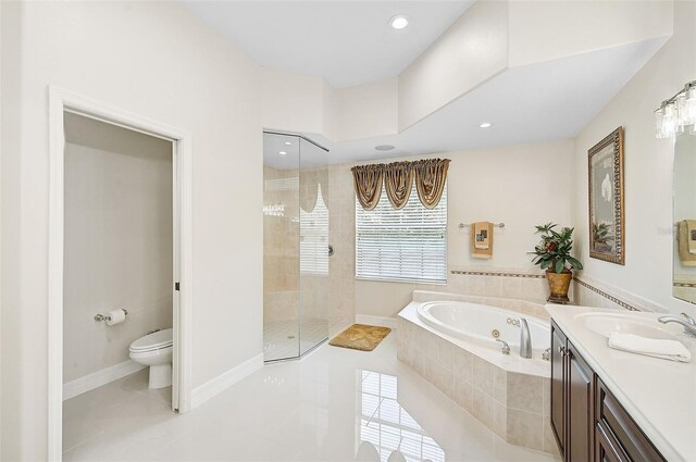 14526 17th Ave E, Bradenton, FL 34212 - bathroom featuring a bath, walk in shower, tile patterned flooring, toilet, and recessed lighting