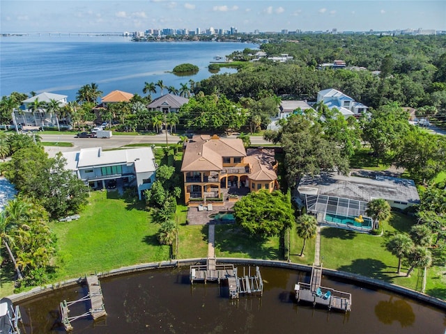 drone / aerial view with a water view