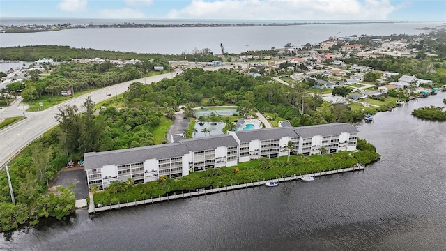 drone / aerial view featuring a water view