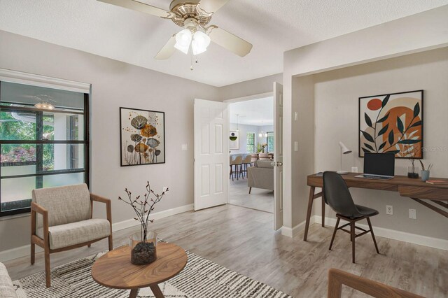 home office featuring a textured ceiling, ceiling fan, plenty of natural light, and light wood-type flooring