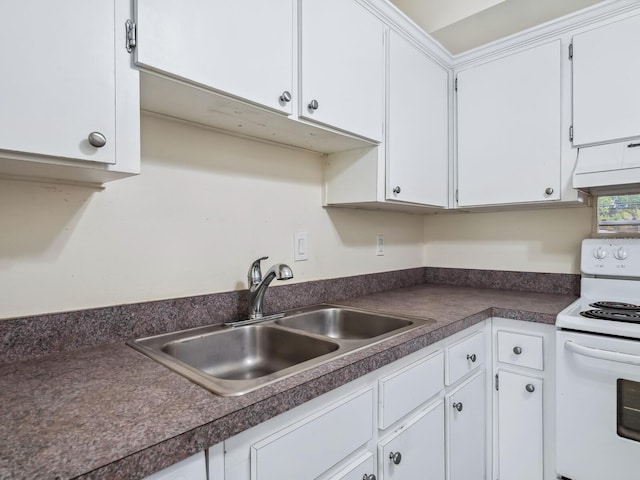 kitchen with sink, white cabinetry, premium range hood, and white range oven