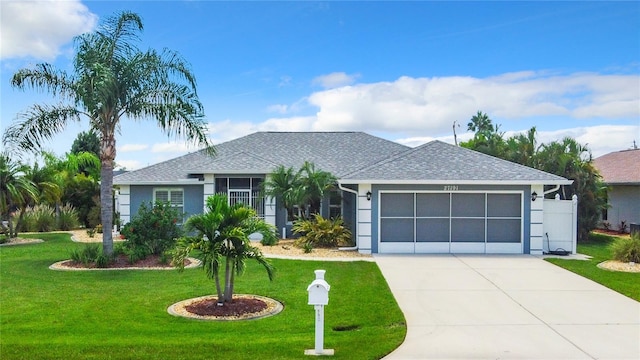 ranch-style home featuring a garage and a front lawn