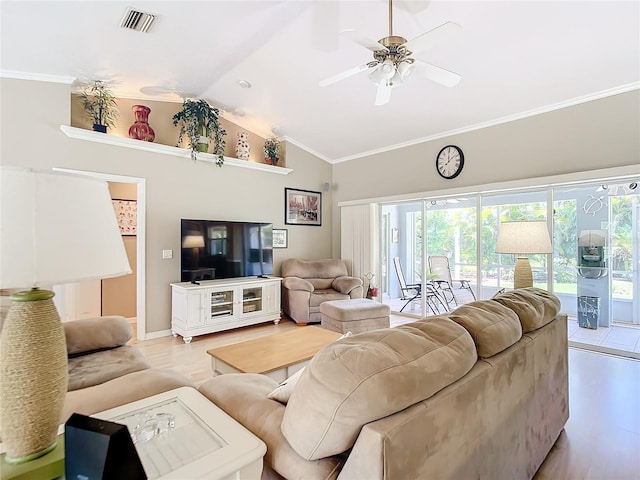 living room featuring ceiling fan, light hardwood / wood-style flooring, high vaulted ceiling, and ornamental molding