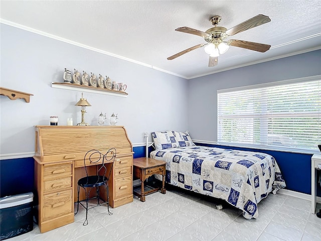 bedroom featuring light tile patterned flooring, ceiling fan, and ornamental molding