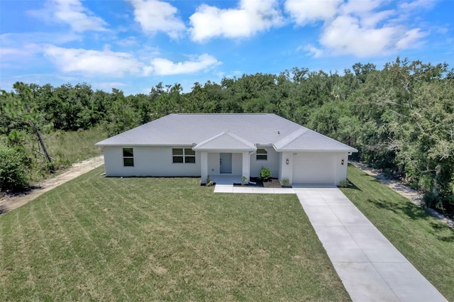 single story home with a front yard and a garage