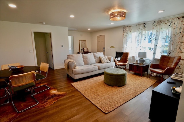 living room with dark hardwood / wood-style flooring