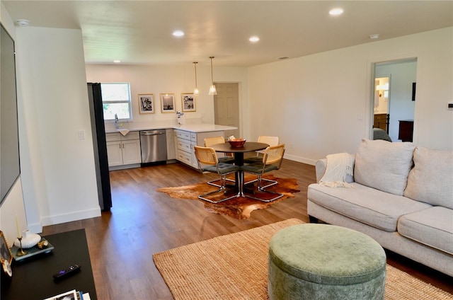 living room with sink and hardwood / wood-style floors