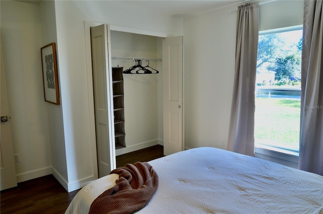 bedroom with dark hardwood / wood-style floors and a closet