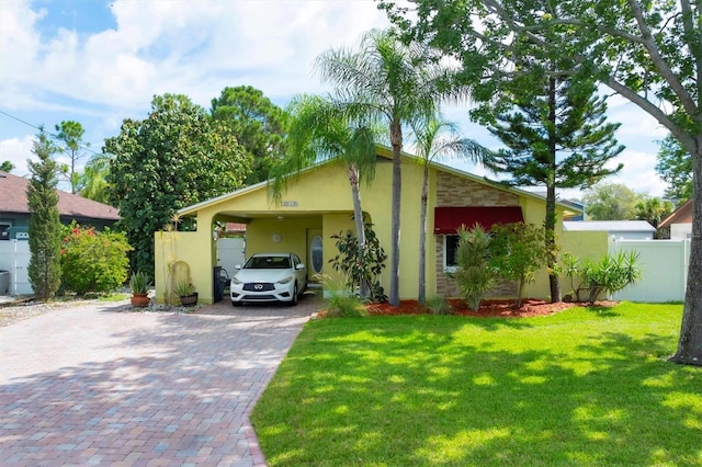 view of front of house with a carport and a front yard