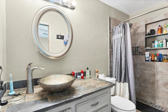 bathroom featuring walk in shower, toilet, and vanity