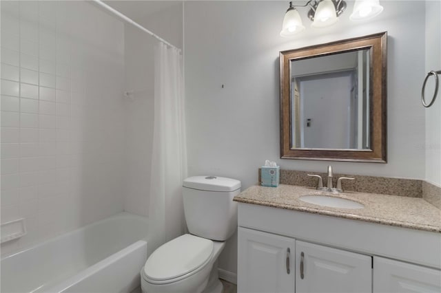 full bathroom featuring vanity, shower / bath combo with shower curtain, and toilet