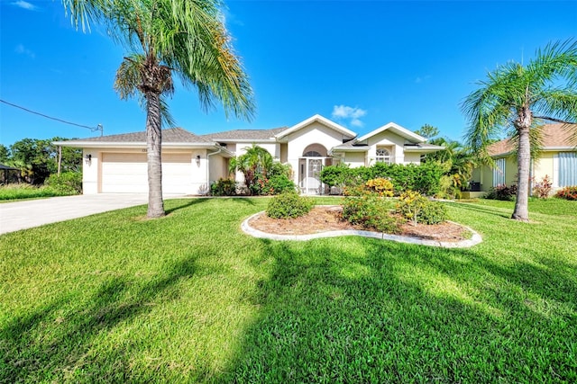 ranch-style house featuring a garage and a front lawn