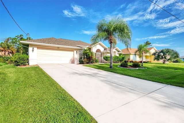 ranch-style house with a front yard and a garage