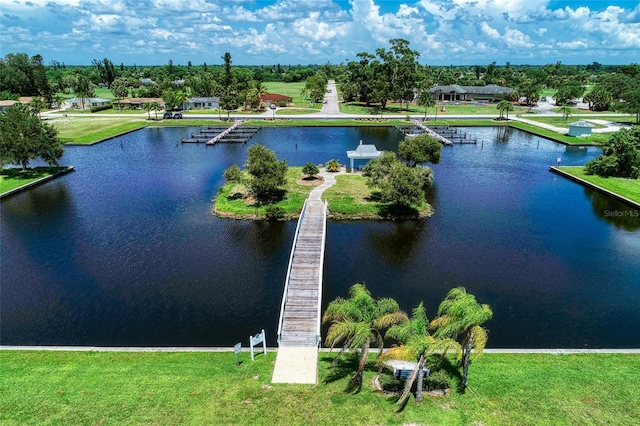 bird's eye view with a water view