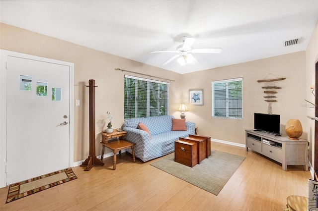 839 40th St, Sarasota, FL 34234 - living room with a ceiling fan and light wood-style floors