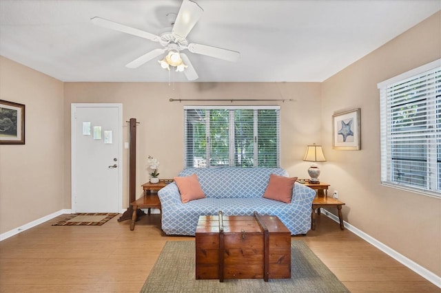 living room with ceiling fan and light wood-type flooring