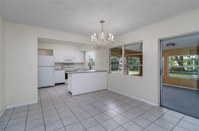 kitchen featuring sink, white cabinets, kitchen peninsula, a healthy amount of sunlight, and white appliances