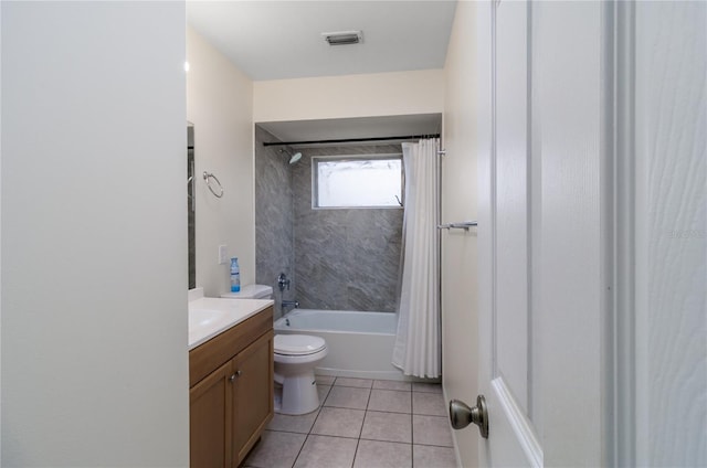 full bathroom with shower / bath combination with curtain, tile patterned floors, toilet, and vanity