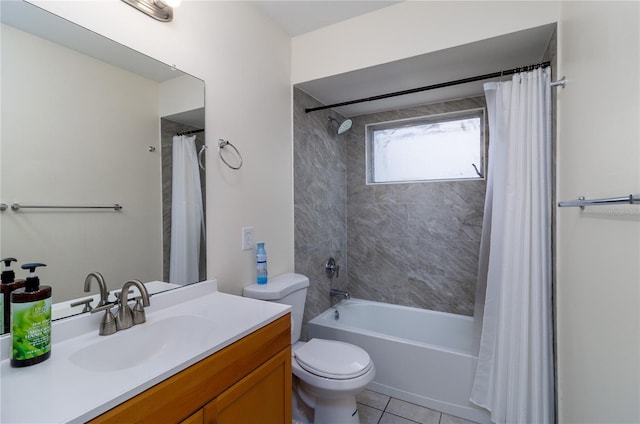 full bathroom featuring vanity, shower / tub combo, tile patterned flooring, and toilet