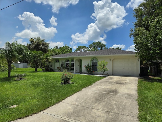 ranch-style home with a garage and a front yard