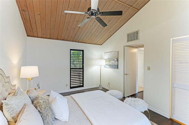 bedroom featuring baseboards, visible vents, wooden ceiling, dark wood-style floors, and vaulted ceiling