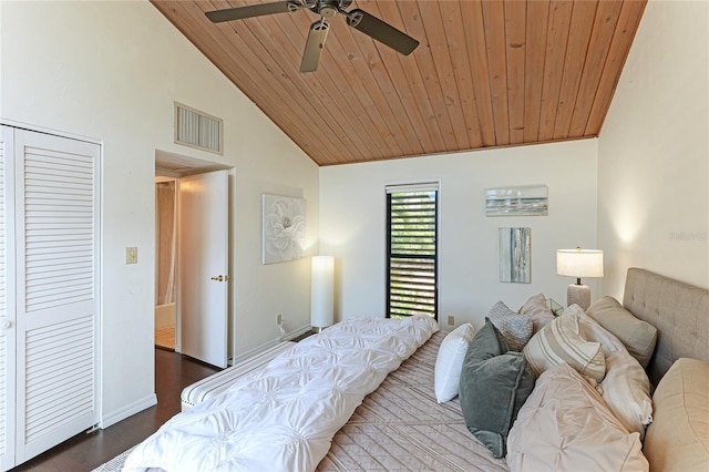 bedroom featuring ceiling fan, high vaulted ceiling, wooden ceiling, and visible vents