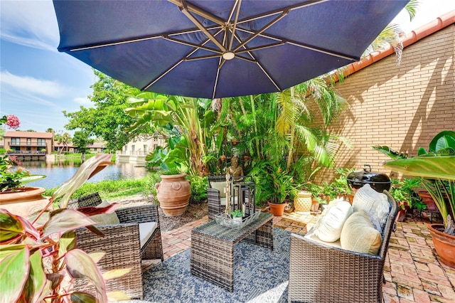 view of patio / terrace with a water view