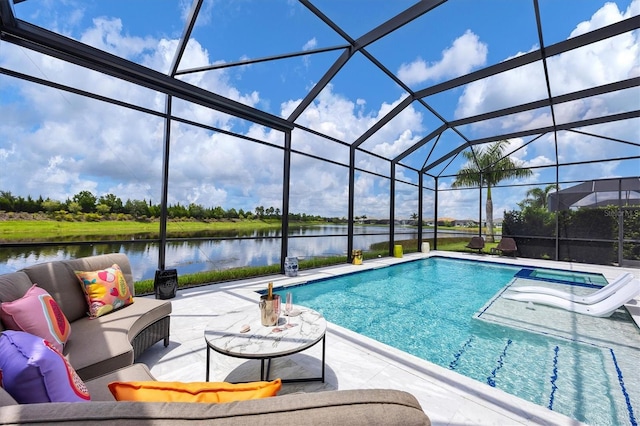 view of swimming pool featuring a water view, a patio area, an outdoor living space, glass enclosure, and a jacuzzi