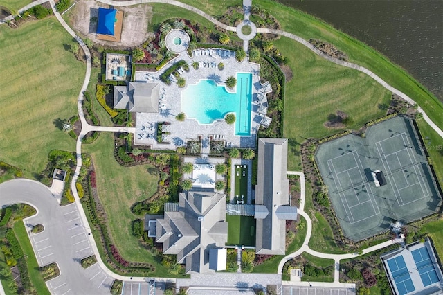 drone / aerial view with a water view