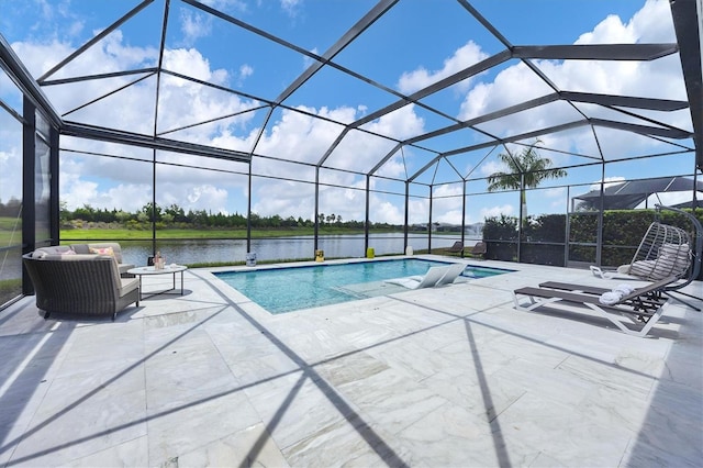 view of swimming pool with a water view, an outdoor living space, a lanai, and a patio